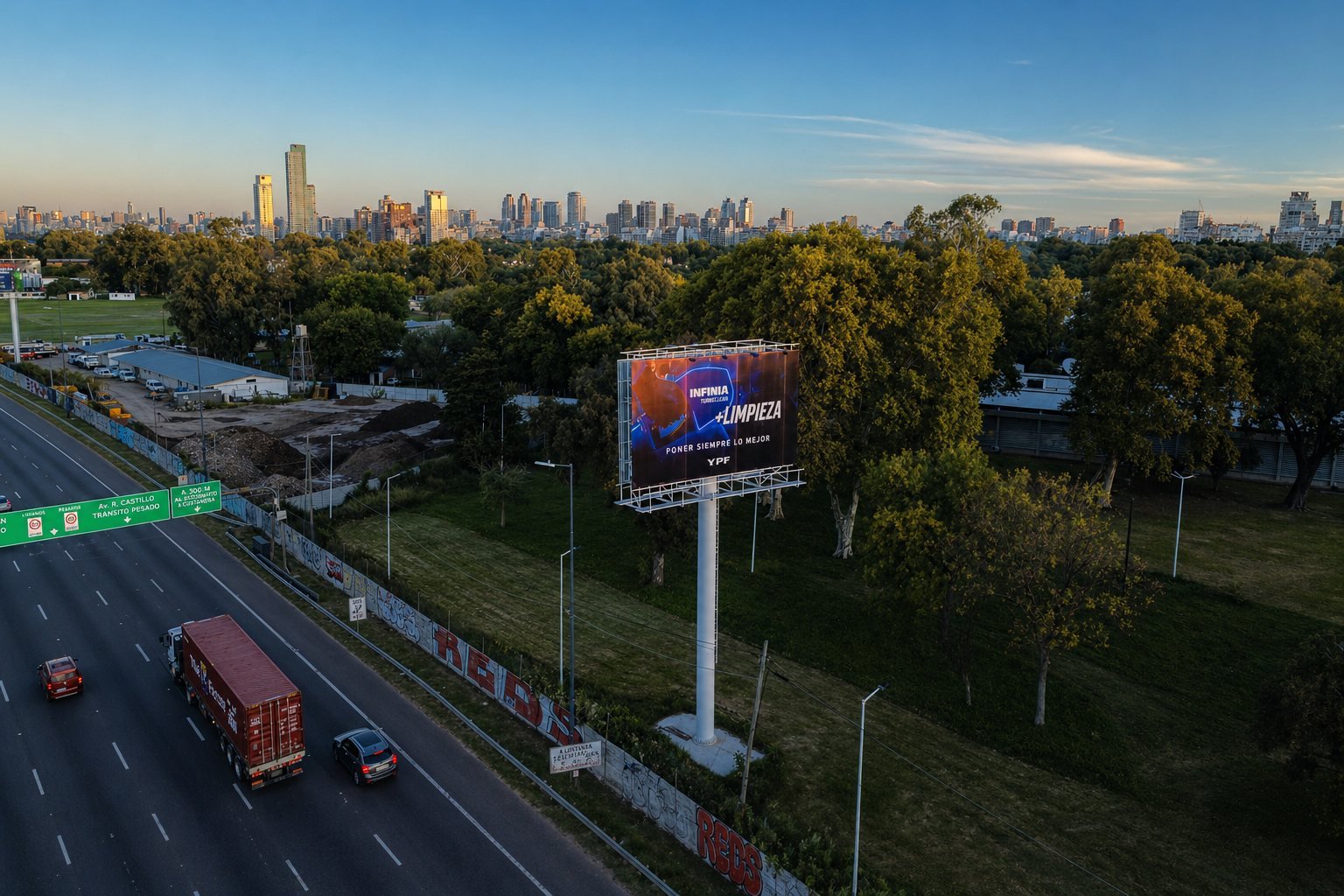 Vista aérea del cartel de YPF INFINIA «+Limpieza» sobre Av. Lugones, con la Ciudad de fondo